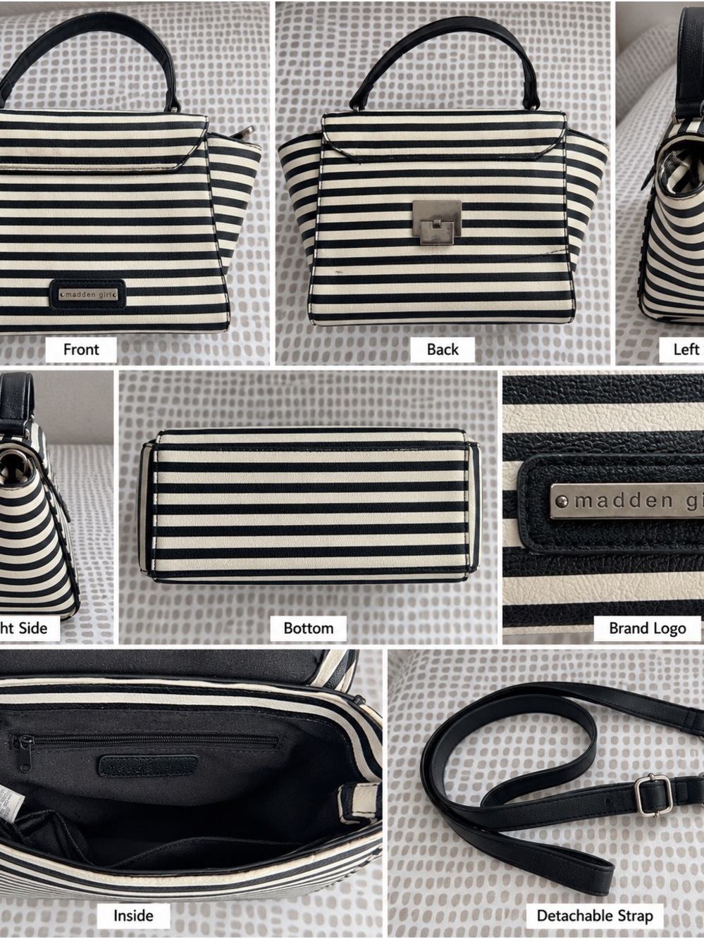 Madden Girl Black and White Striped Top-Handle Satchel with Detachable Strap